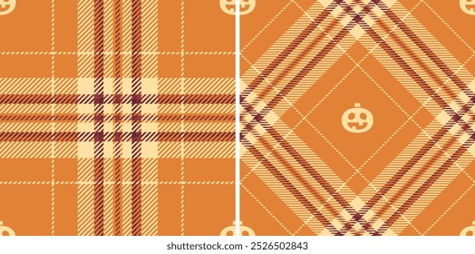 Halloween vector pattern with plaid stripes and pumpkins, spooky ghosts, and scary ornaments. Ideal for autumn background, textile, fabric, party decor, greeting cards, posters, or tiled wallpaper.