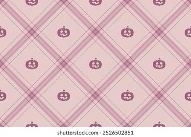 Halloween vector pattern with plaid stripes and pumpkins, spooky ghosts, and scary ornaments. Ideal for autumn background, textile, fabric, party decor, greeting cards, posters, or tiled wallpaper.