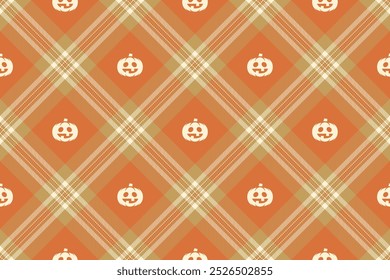 Halloween vector pattern with plaid stripes and pumpkins, spooky ghosts, and scary ornaments. Ideal for autumn background, textile, fabric, party decor, greeting cards, posters, or tiled wallpaper.