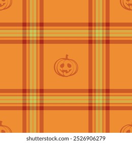 Halloween vector pattern with plaid stripes and pumpkins, spooky ghosts, and scary ornaments. Ideal for autumn background, textile, fabric, party decor, greeting cards, posters, or tiled wallpaper.