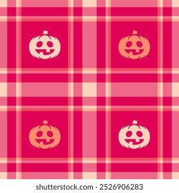 Halloween-Vektormuster mit karierten Streifen und Kürbissen, gespenstischen Geistern und gruseligen Ornamenten. Ideal für Herbsthintergrund, Textilien, Stoff, Partydekor, Grußkarten, Poster oder geflieste Tapeten.