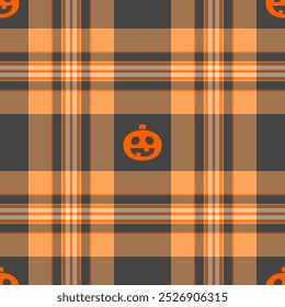 Patrón de Vector de Halloween con rayas a cuadros y calabazas, fantasmas espeluznantes y adornos aterradores. Ideal para el fondo del otoño, la materia textil, la tela, la decoración del partido, las tarjetas de felicitación, los carteles, o el Fondo de pantalla embaldosado.