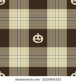 Halloween vector pattern with plaid stripes and pumpkins, spooky ghosts, and scary ornaments. Ideal for autumn background, textile, fabric, party decor, greeting cards, posters, or tiled wallpaper.