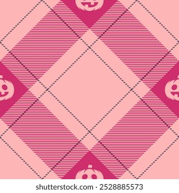 Halloween vector pattern with plaid stripes and pumpkins, spooky ghosts, and scary ornaments. Ideal for autumn background, textile, fabric, party decor, greeting cards, posters, or tiled wallpaper.