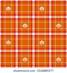 Halloween vector pattern with plaid stripes and pumpkins, spooky ghosts, and scary ornaments. Ideal for autumn background, textile, fabric, party decor, greeting cards, posters, or tiled wallpaper.