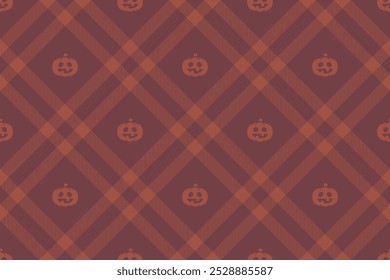 Halloween vector pattern with plaid stripes and pumpkins, spooky ghosts, and scary ornaments. Ideal for autumn background, textile, fabric, party decor, greeting cards, posters, or tiled wallpaper.