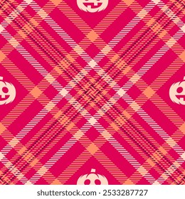 Halloween vector pattern with plaid stripes and pumpkins, spooky ghosts, and scary ornaments. Ideal for autumn background, textile, fabric, party decor, greeting cards, posters, or tiled wallpaper.