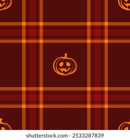 Halloween-Vektormuster mit karierten Streifen und Kürbissen, gespenstischen Geistern und gruseligen Ornamenten. Ideal für Herbsthintergrund, Textilien, Stoff, Partydekor, Grußkarten, Poster oder geflieste Tapeten.