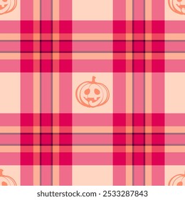 Halloween vector pattern with plaid stripes and pumpkins, spooky ghosts, and scary ornaments. Ideal for autumn background, textile, fabric, party decor, greeting cards, posters, or tiled wallpaper.