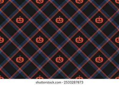 Halloween vector pattern with plaid stripes and pumpkins, spooky ghosts, and scary ornaments. Ideal for autumn background, textile, fabric, party decor, greeting cards, posters, or tiled wallpaper.