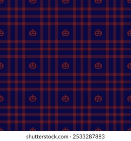 Halloween vector pattern with plaid stripes and pumpkins, spooky ghosts, and scary ornaments. Ideal for autumn background, textile, fabric, party decor, greeting cards, posters, or tiled wallpaper.