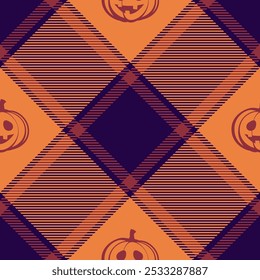 Halloween vector pattern with plaid stripes and pumpkins, spooky ghosts, and scary ornaments. Ideal for autumn background, textile, fabric, party decor, greeting cards, posters, or tiled wallpaper.
