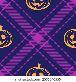Halloween vector pattern with plaid stripes and pumpkins, spooky ghosts, and scary ornaments. Ideal for autumn background, textile, fabric, party decor, greeting cards, posters, or tiled wallpaper.