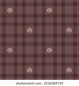 Halloween vector pattern with plaid stripes and pumpkins, spooky ghosts, and scary ornaments. Ideal for autumn background, textile, fabric, party decor, greeting cards, posters, or tiled wallpaper.
