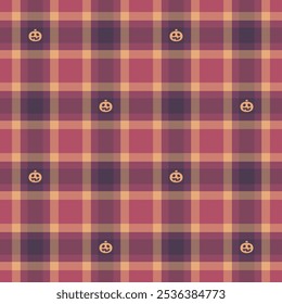Halloween vector pattern with plaid stripes and pumpkins, spooky ghosts, and scary ornaments. Ideal for autumn background, textile, fabric, party decor, greeting cards, posters, or tiled wallpaper.