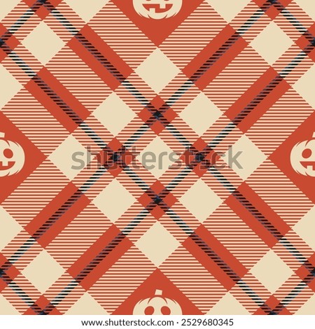 Halloween vector pattern with plaid stripes and pumpkins, spooky ghosts, and scary ornaments. Ideal for autumn background, textile, fabric, party decor, greeting cards, posters, or tiled wallpaper.