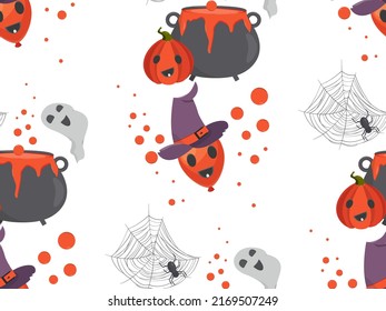 Halloween vector pattern with pumpkins and balloons and witch hat