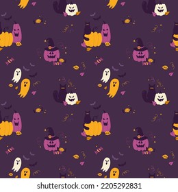 Halloween vector pattern with pumpkins, cats, ghosts and bats