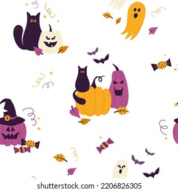 Halloween vector pattern with pumpkins, cats, ghosts and bats. Print for holiday textiles, packaging, postcards, web page background, interior decor. Cartoon design.