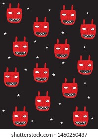 Halloween Vector Pattern with Red Devil Mask. Red Monsters with Glowing Eyes and Big White Teeth. White Stars Isolated on a Black Background. Halloween Wallpaper. Red Devils Print.
