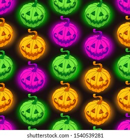 Halloween vector pattern seamless background with cute smiling glowing pumpkins in colorful neon lighting on black backdrop. Funny design for kids, boys and girls, decoration