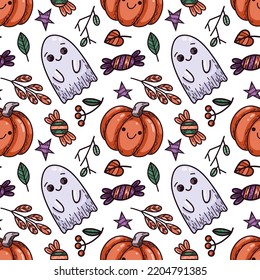 Halloween vector pattern. Seamless background with ghosts, pumpkins, candies, leaves. Digital wallpaper for design, decorations, wrapping paper.