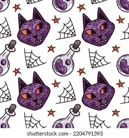 Halloween vector pattern. Seamless background with cats, potions, cobwebs and stars. Digital wallpaper for design, decorations, wrapping paper.