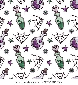 Halloween vector pattern. Seamless background with potions, cobwebs, stars and eyeballs. Digital wallpaper for design, decorations, wrapping paper.