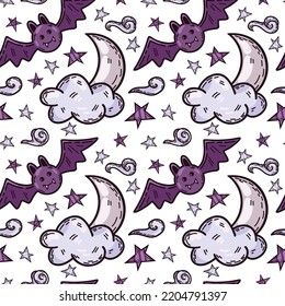 Halloween vector pattern  Seamless background and bats  moon  clouds   stars  Digital wallpaper for design  decorations  wrapping paper 
