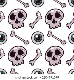 Halloween vector pattern. Seamless background with skulls, bones, eyeballs. Digital wallpaper for design, decorations, wrapping paper.