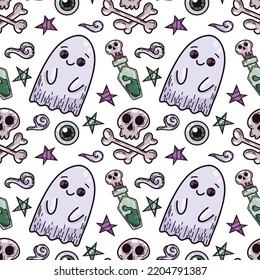 Halloween vector pattern. Seamless pattern with ghost, skeleton, skull, potion, etc. Digital wallpaper for design, decorations, wrapping paper.