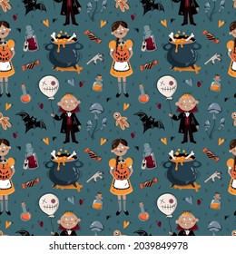 Halloween vector pattern. Seamless pattern of witch girl and vampire boy, skull, ghost, pumpkin, bat, potion jar, pumpkin stuffed animal, poisonous mushrooms, witch shoes on a blue background