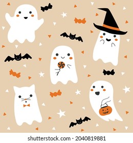 Patrón vectorial de Halloween. Personajes lindos y espeluznantes.