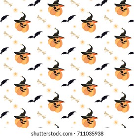 Halloween vector patterns.Witches hats, Bats, Pumpkins with stars and bones.