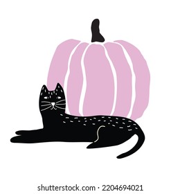 Halloween vector with pink pumpkin and black cat.
