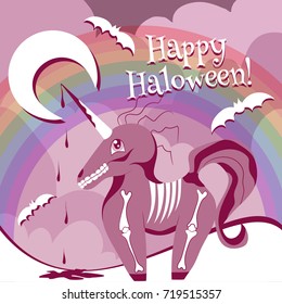 Halloween vector postcard with pink zombie pony unicorn against the backdrop of a rainbow.