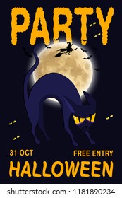 Halloween vector poster, banner or flyer halloween template, spooky cat and objects. Halloween party