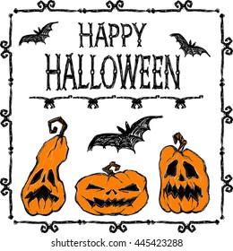 Halloween vector poster. Bats fly, pumpkins,  creepy frame and letters. Drawing and lettering is handmade are made with black ink on white background. This useful to cards,  invitations.