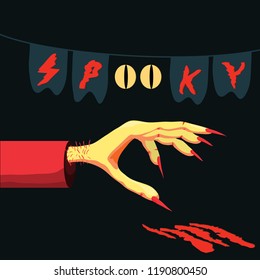 Halloween vector poster - hand of a monster with claws will leave bloody stripes, banner or flyer halloween template, spooky poster for Halloween