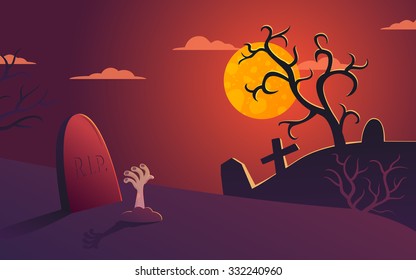 Halloween vector poster illustration with cemetery at night