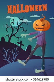 Halloween vector poster with Pumpkin Head zombie in the night