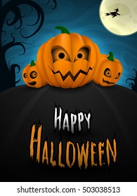 Halloween vector poster. Pumpkins on blue background.