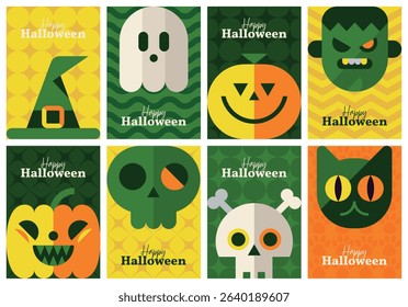 Halloween vector poster set with cute flat design characters