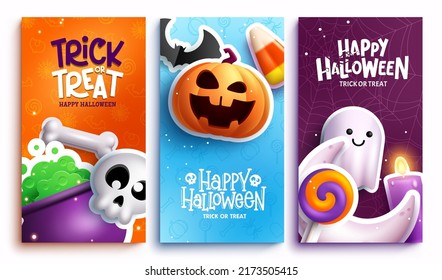 Halloween vector poster set design. Happy halloween text with characters of pumpkins, skull and ghost for spooky trick or treat collection. Vector illustration.
