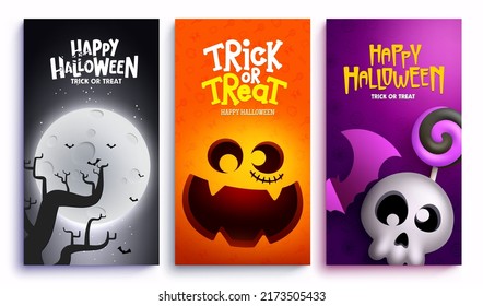 Halloween vector poster set design. Happy halloween trick or treat text with pumpkin, skull and night yard collection for trick or treat horror party celebration. Vector illustration.
