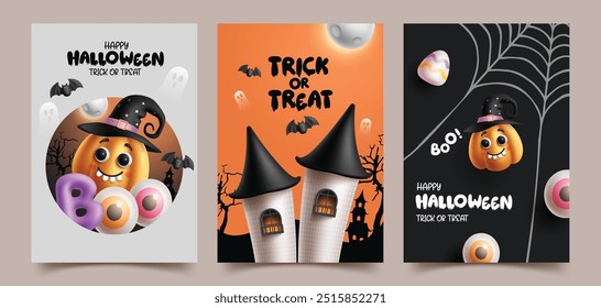 Halloween vector poster set design. Trick or treat Halloween greeting card collection with pumpkin characters, haunted castle and house elements for creepy post card template. Vector illustration 