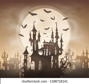 Halloween vector poster template with dark castle, giant moon and bats silhouettes in foggy sky