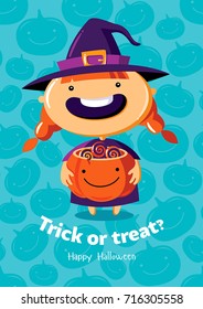 Halloween vector poster trick or treat with witch on seamless background