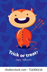 Halloween vector poster trick or treat with devil on seamless background