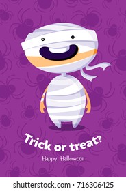 Halloween vector poster trick or treat with mummy on seamless background